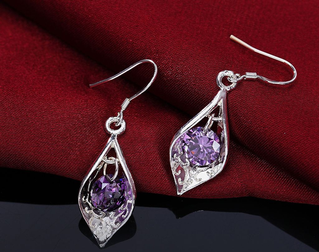Mode versilbert lila Zirkon Charm Tropfen baumeln Ohrringe Dame Schmuck Geschenk