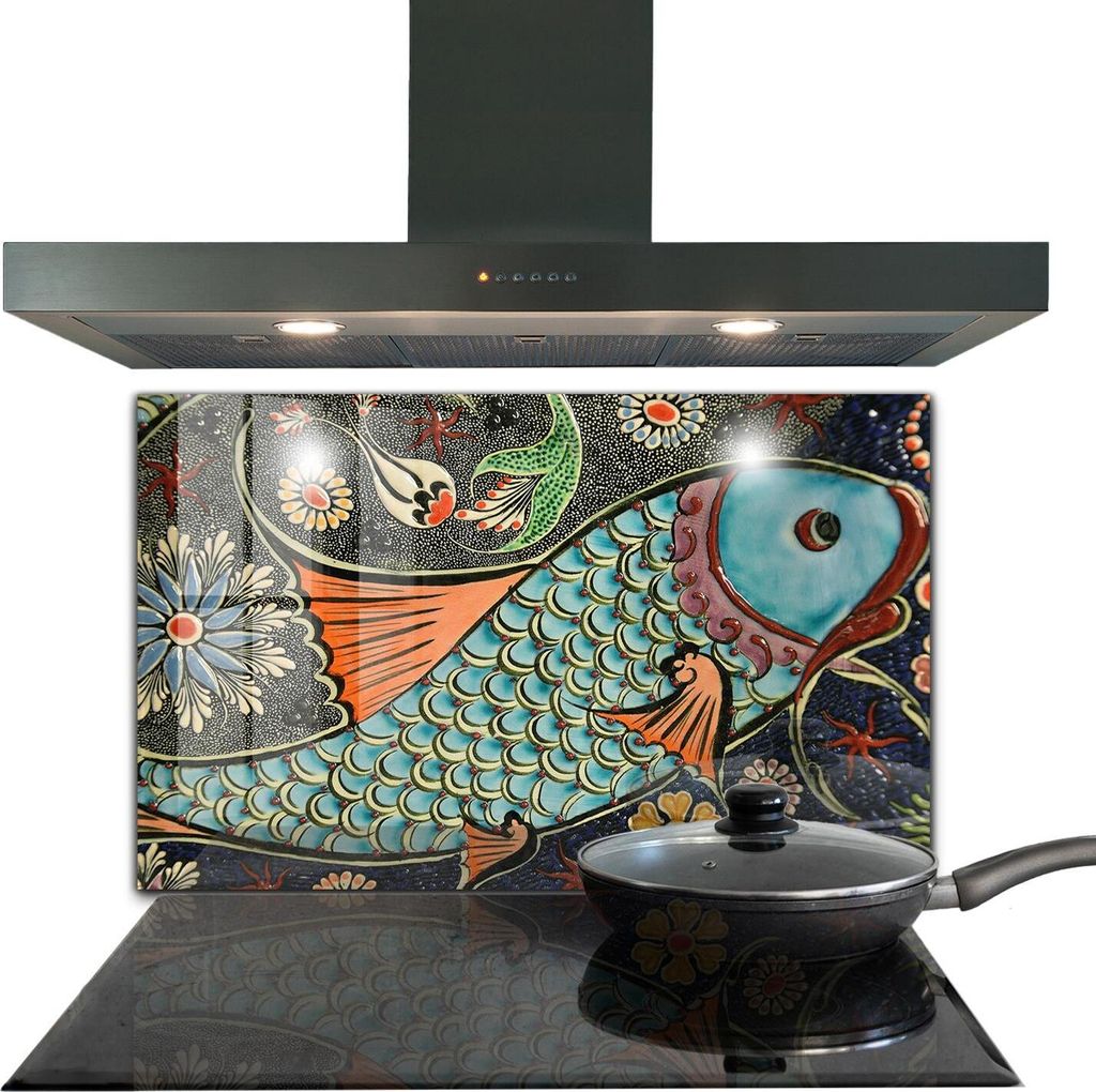 Spritzschutz aus Glas Küchenrückwand - Wandschutz für Herd und Spüle - 100x70 cm - Mosaikfisch Vintage-Keramik