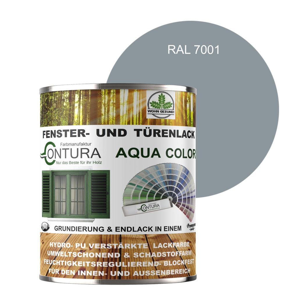 Contura 750ml Fenster und Türenlack Glänzend nach RAL 2in1 mit Pinsel Möbellack Innen und Außen Holzlack - RAL 7001 Silbergrau