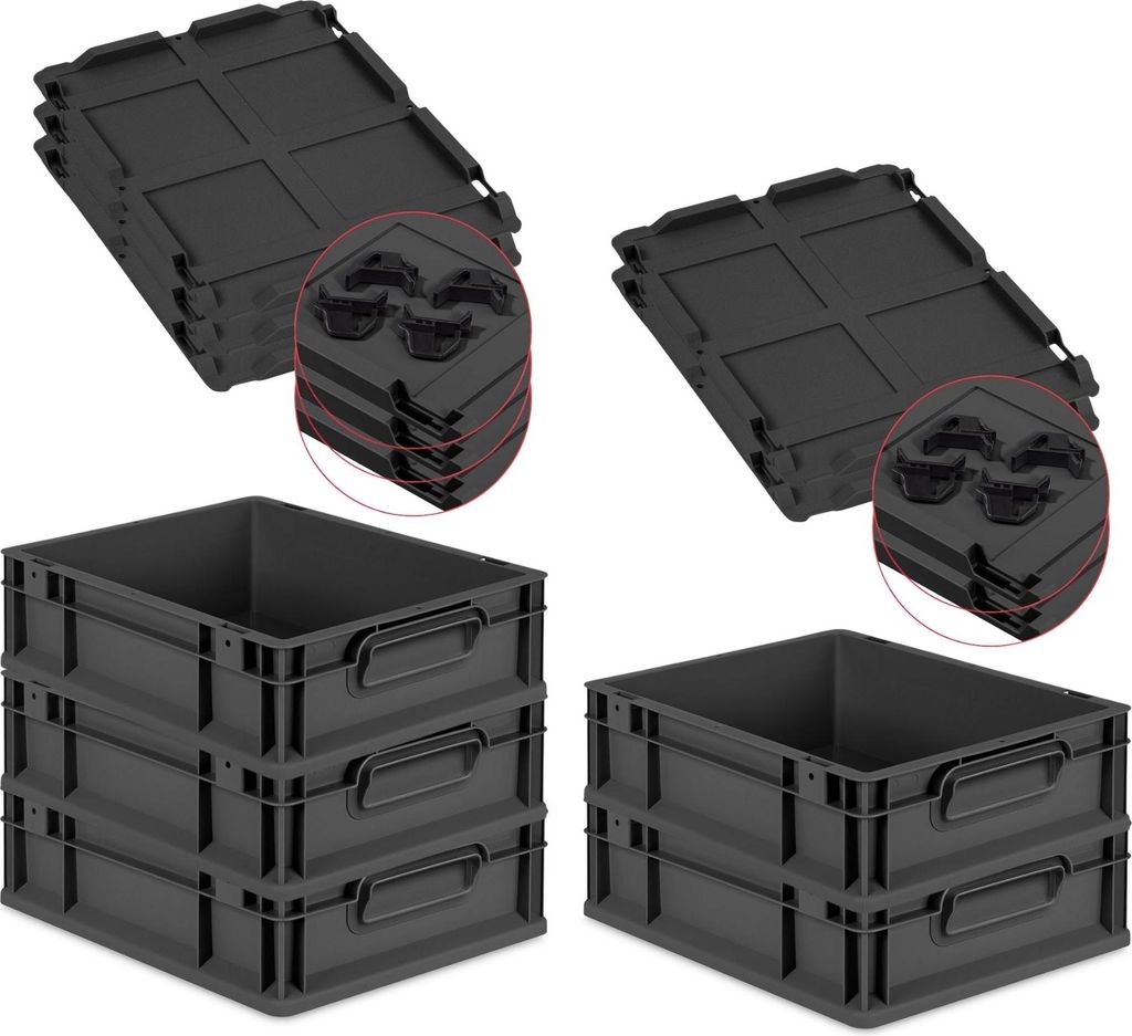 SparSet 5x Eurobox NextGen Grip mit Auflagedeckel inkl. 4 schwarzen Schiebeschnappverschlüssen | HxBxT 12x30x40cm | 11 Liter | Schwarz | Griffe ge...
