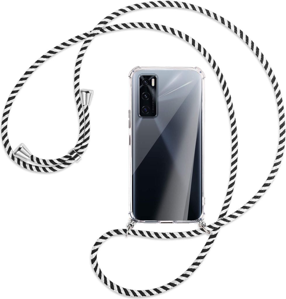 Handykette Backcover-Schutzhülle mit Band (Metall silberfarben) für vivo V20 SE (V2022) / Y70 - schwarz/weiß gestreift