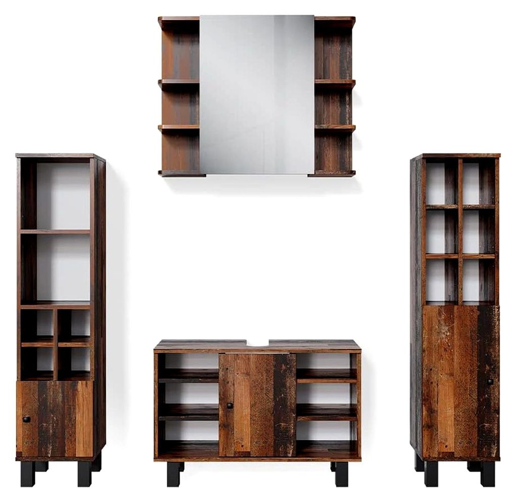 Badmöbel-Set Fynn, Eiche rustikal, 60 cm, bestehend aus Waschbeckenunterschrank, Spiegelschrank, Hochschrank und Midischrank