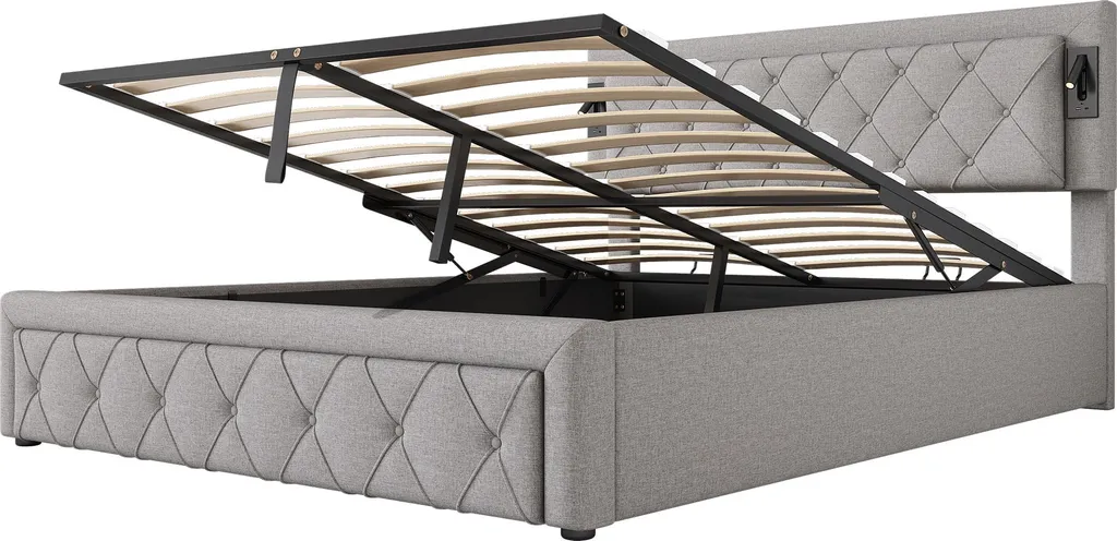 Grand Lit Double 160x200 Gris avec Prise USB et Rangement Sous Sommier