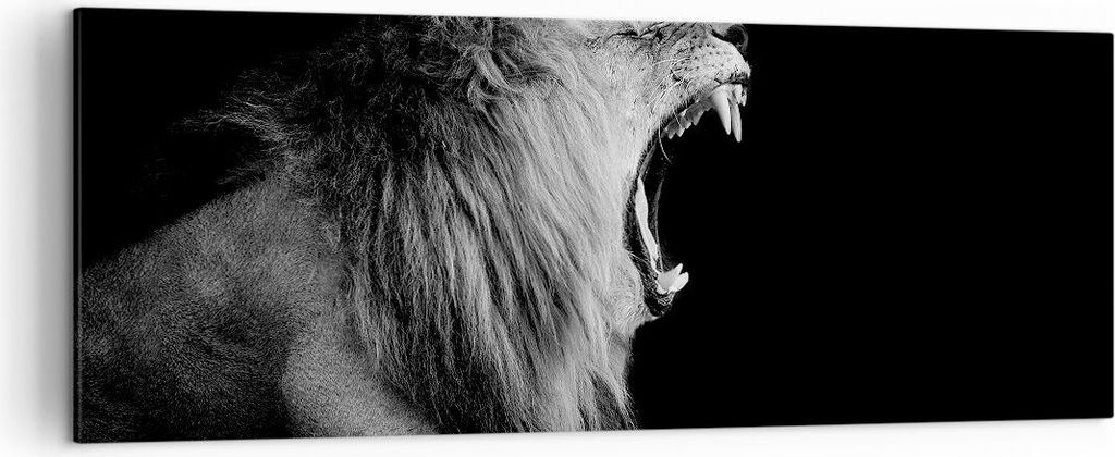 Bild auf Leinwand - Leinwandbild - Einteilig - Löwe Gähnen Schwarz und Weiß - 140x50cm - Wand Bild - Wanddeko - Wandbilder - Leinwanddruck - Bil...