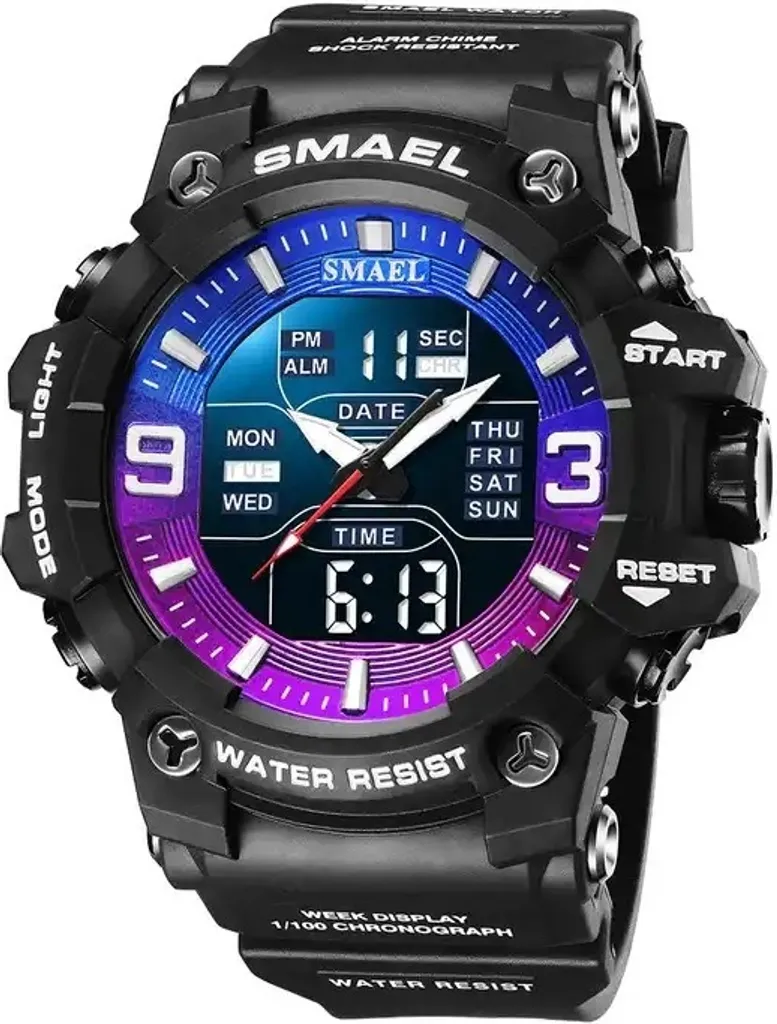 Montre Étanche SMAEL Travis Noir Violet - Double Affichage et Alarme LED