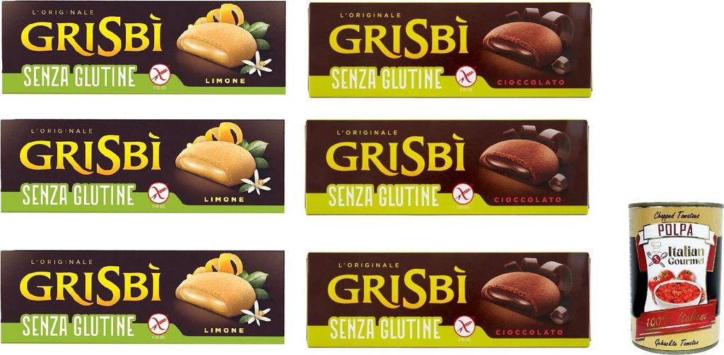 Testpaket Vicenzi Grisbì gluten frei kekse Mürbeteiggebäck, gefüllt mit weicher Zitrone und Schokolade creme 7x 150 g + italian Gourmet polpa 400g