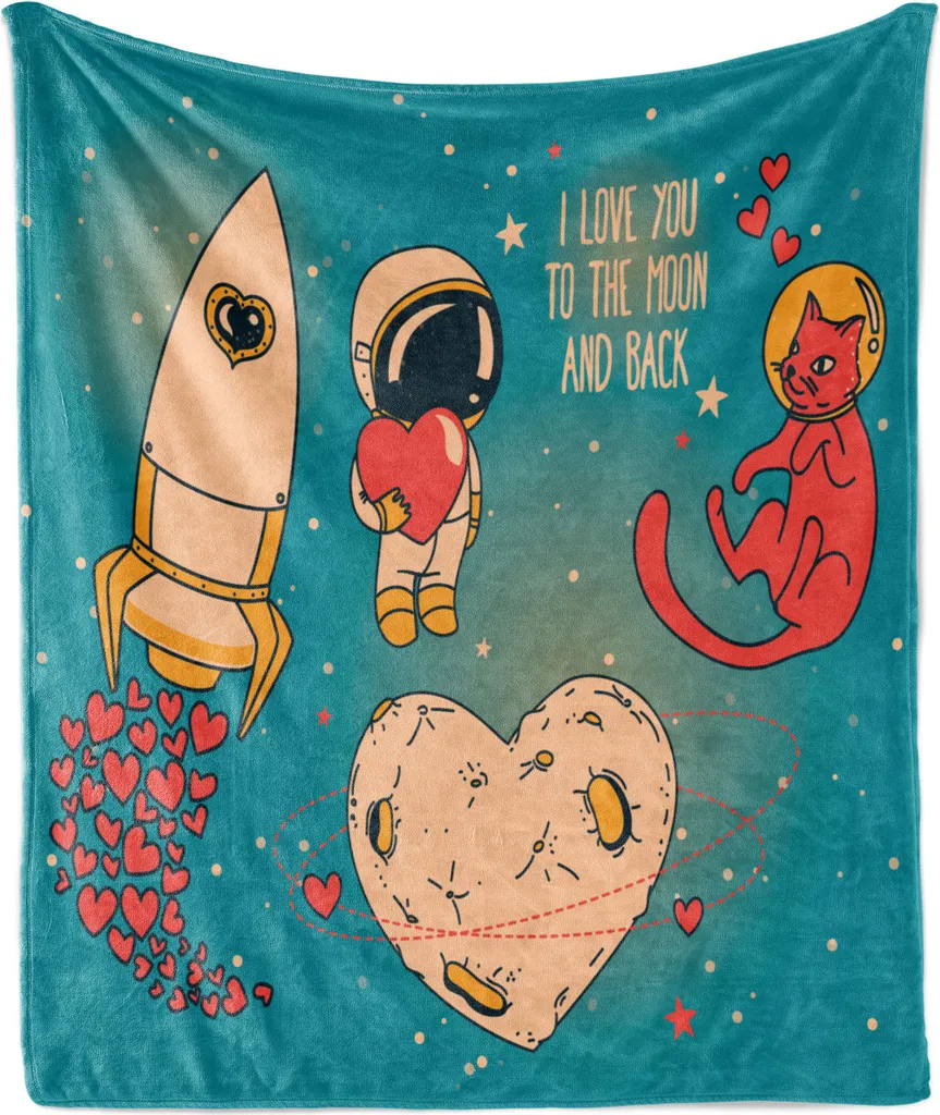 ABAKUHAUS Sprichwort Morbida coperta in pile di flanella, Ti amo fino alla luna e ritorno Tema amoroso Doodle di astronauti e gatto, 175 x 230 cm, Multicolore