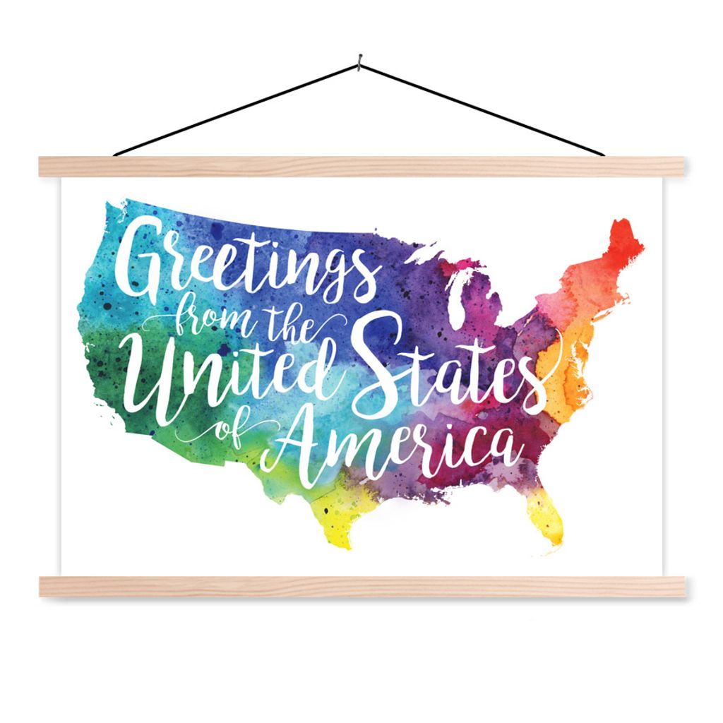 MuchoWow Textilposter Bunte Karte USA mit Zitat 60x40 cm mit holzfarbenen Rahmen - Bilder