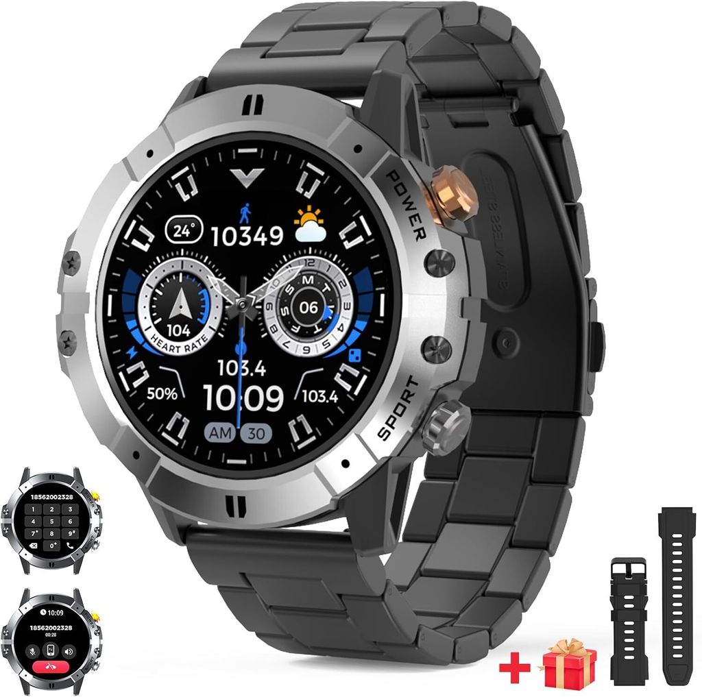 Smartwatch HD-Display, Bluetooth-Anrufen, 120+ Sportmodi, Herzfrequenzmessung, 1ATM wasserdicht, langer Akku 2 Armbandsets und Push-Benachrichtigungen