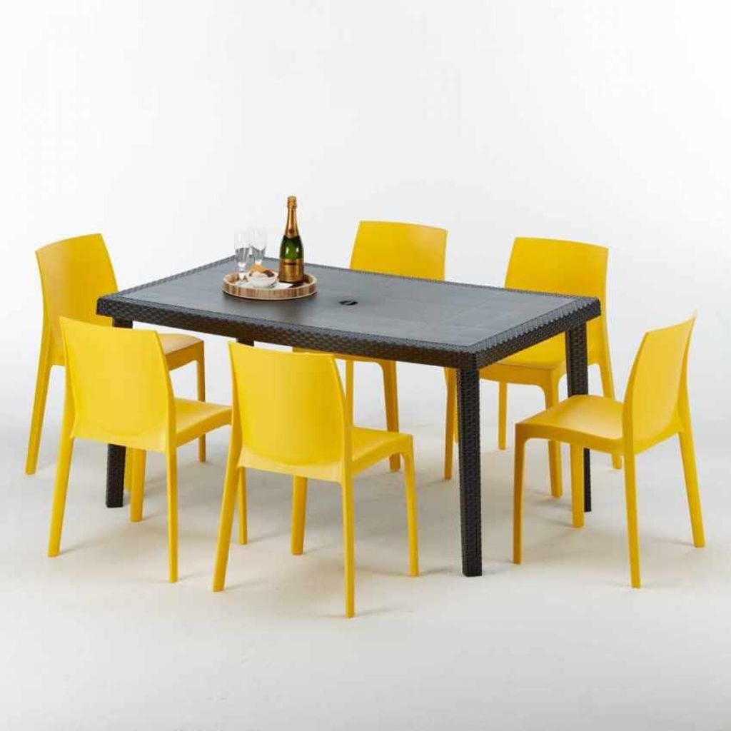 Poly Rattan Tisch Rechteckig mit 6 Bunten Polyrattan Stühlen 150x90 Schwarz