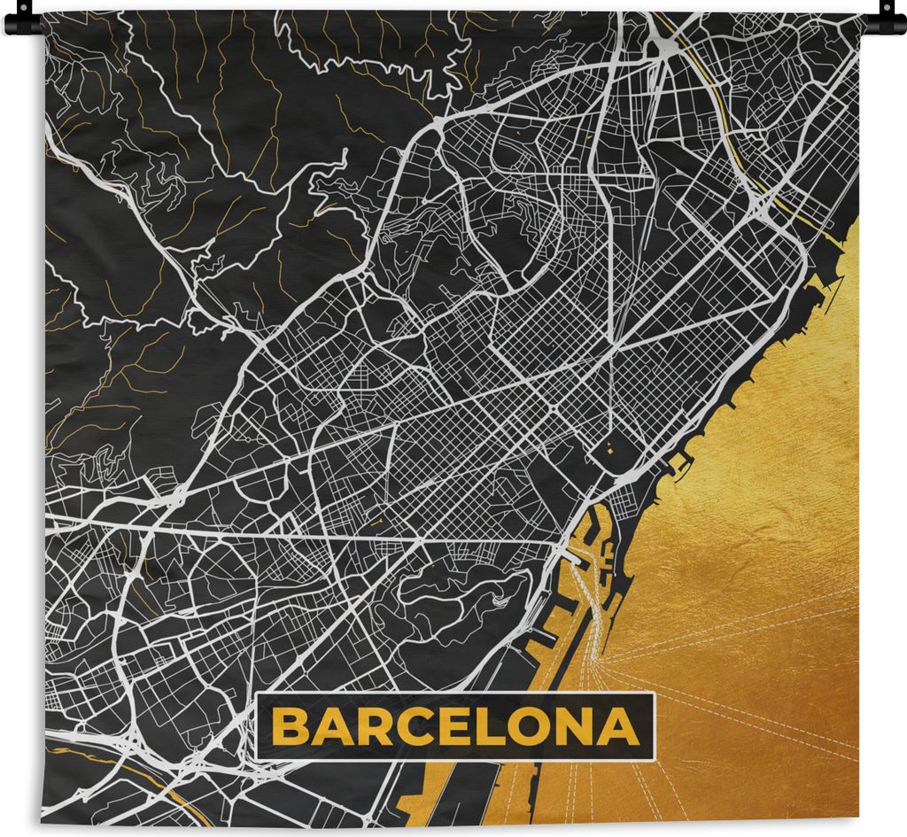 MuchoWow Wandteppich Wandbehang Barcelona - Stadtplan - Karte - Gold 120x120 cm Tapisserie Dekoration Wandtuch - Modern - Baumwollgewebe
