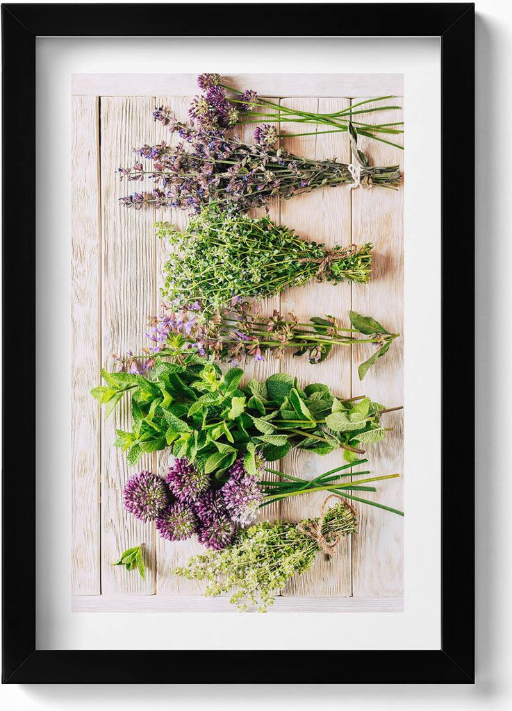 Pflanzen und Kräuter auf Brettern– Wandbild mit Rahmen – Gerahmtes Bild – Wanddekoration – 20x30 cm – Schwarz