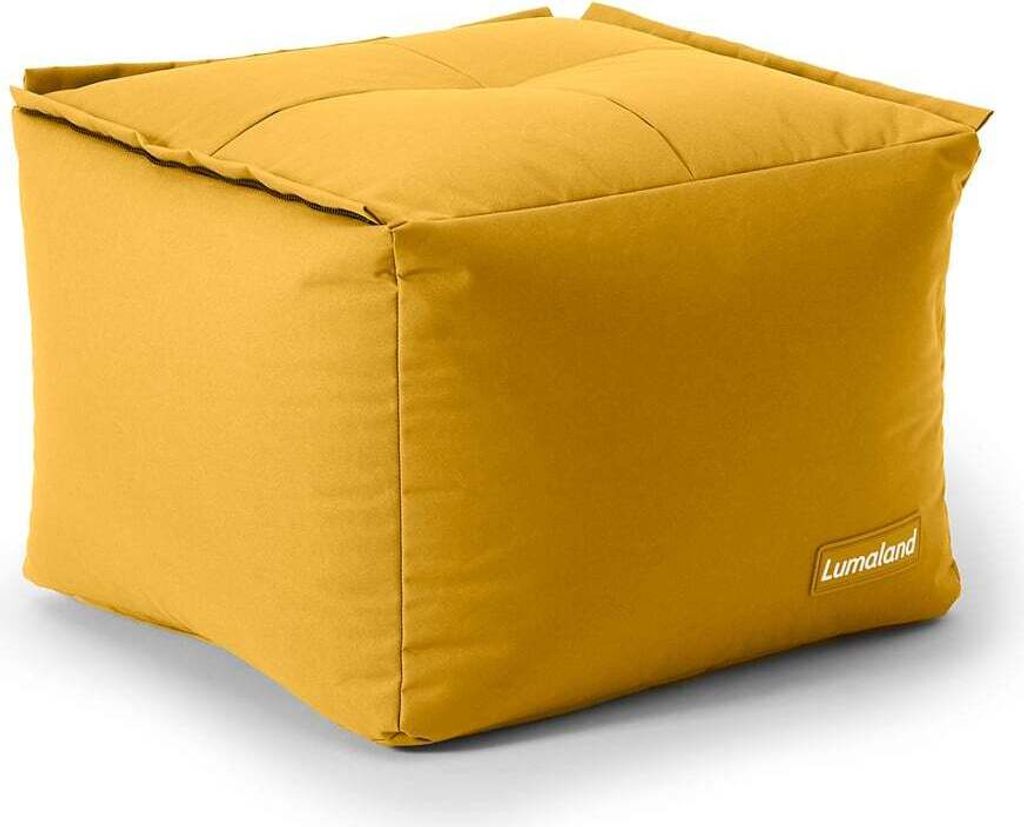 A yellow ottoman on a white background.
