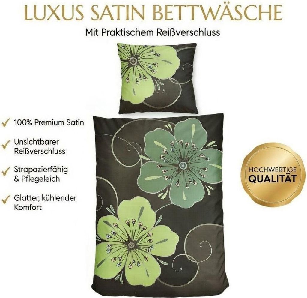 Satin Bettwäsche Baumwolle Blumen Grün Grau 155x220 80x80cm: 4tlg.