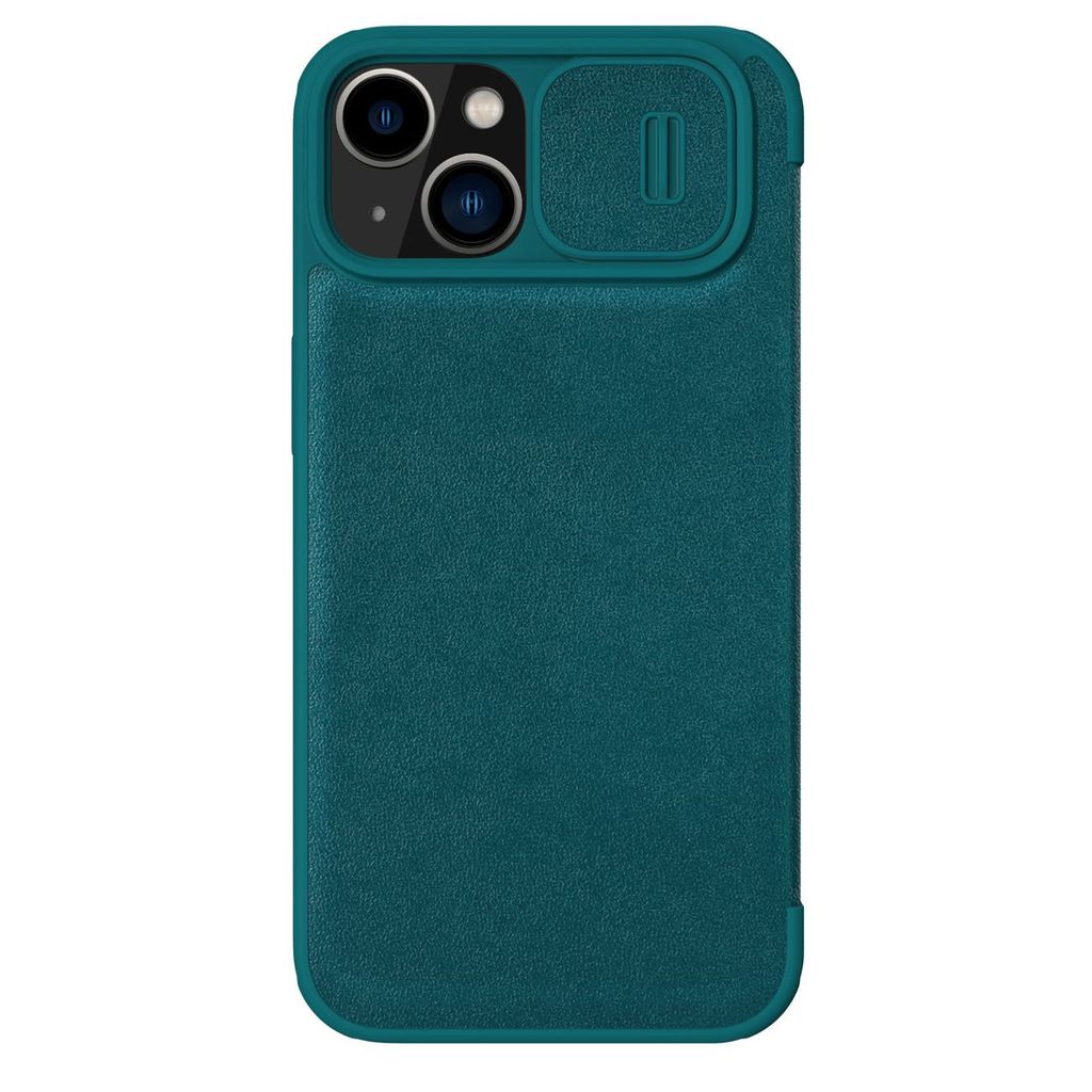 A teal iPhone case with a camera cover is shown against a white background.