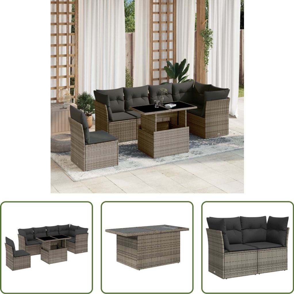 The Living Store 7-tlg. Garten-Sofagarnitur mit Kissen Grau Poly Rattan
