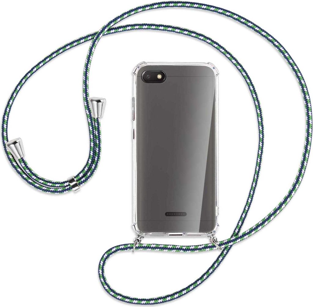 Handykette Backcover-Schutzhülle mit Band (Metall silberfarben) für Xiaomi Redmi 6A - grün/blau/weiß