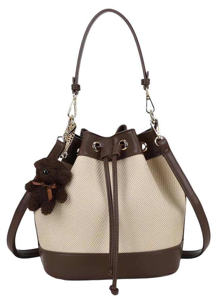 Gallantry, Damen Beuteltasche zweifarbig Flechtoptik Kordel Bär Anhänger, Dunkelbraun