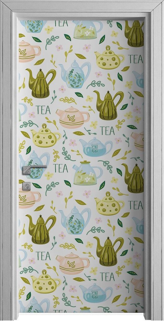 Tür Selbstklebende 90x210 cm Türfolie Türtapete Klebefolie - Blumen krautige Pflanzen Teekannen