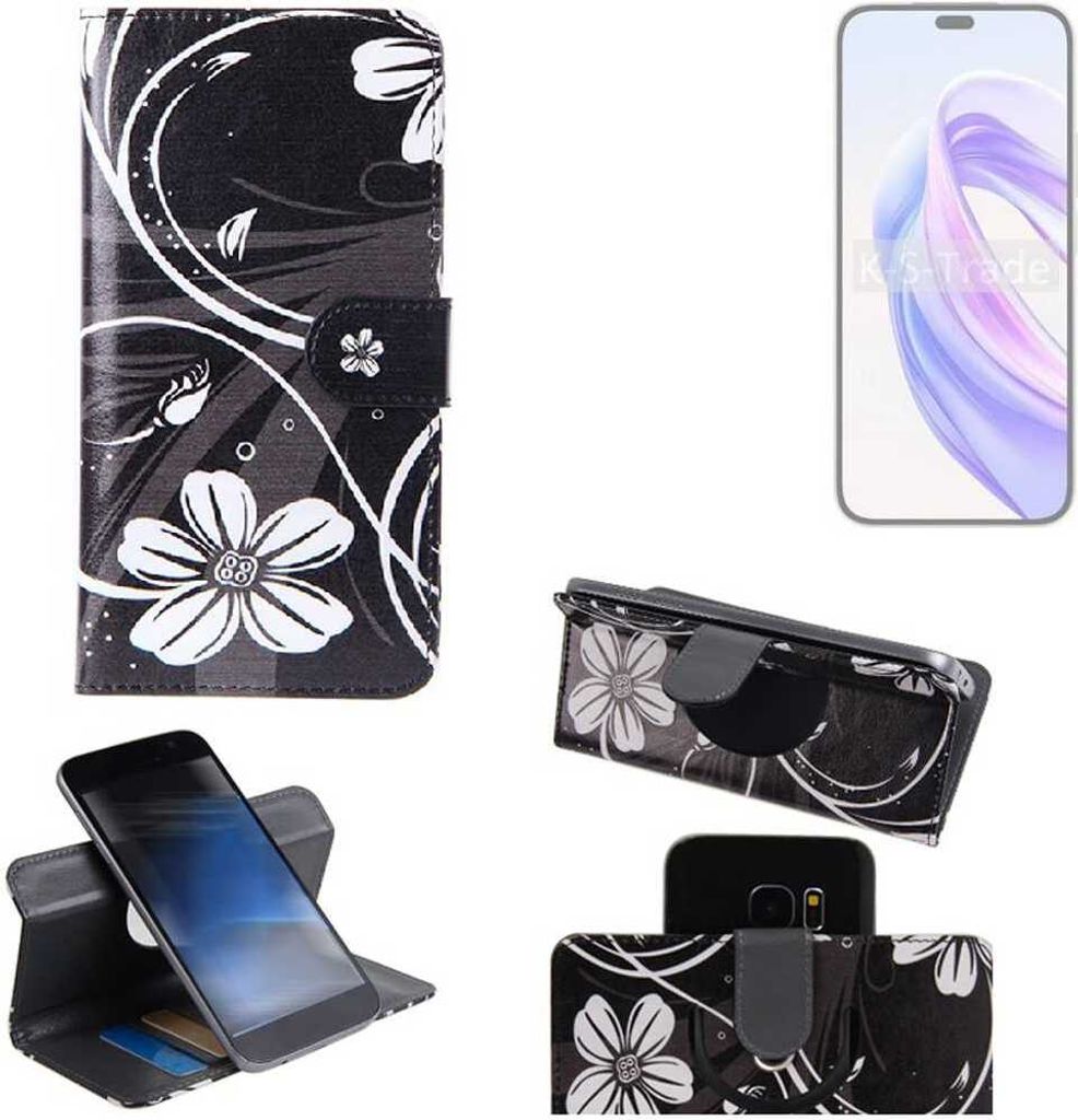 K-S-Trade Schutzhülle Handyhülle kompatibel mit Honor X50i Hülle 360° Wallet Case “Flowers“ Klapphülle Hülle schwarz-weiß 1x