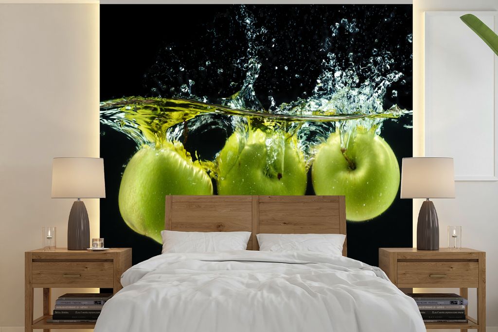 MuchoWow Fototapete für Wohnzimmer oder Schlafzimmer Wandtapete Vinyl Motivtapete Äpfel - Obst - Wasser - Schwarz - Grün - 300x300 cm - Wandde...
