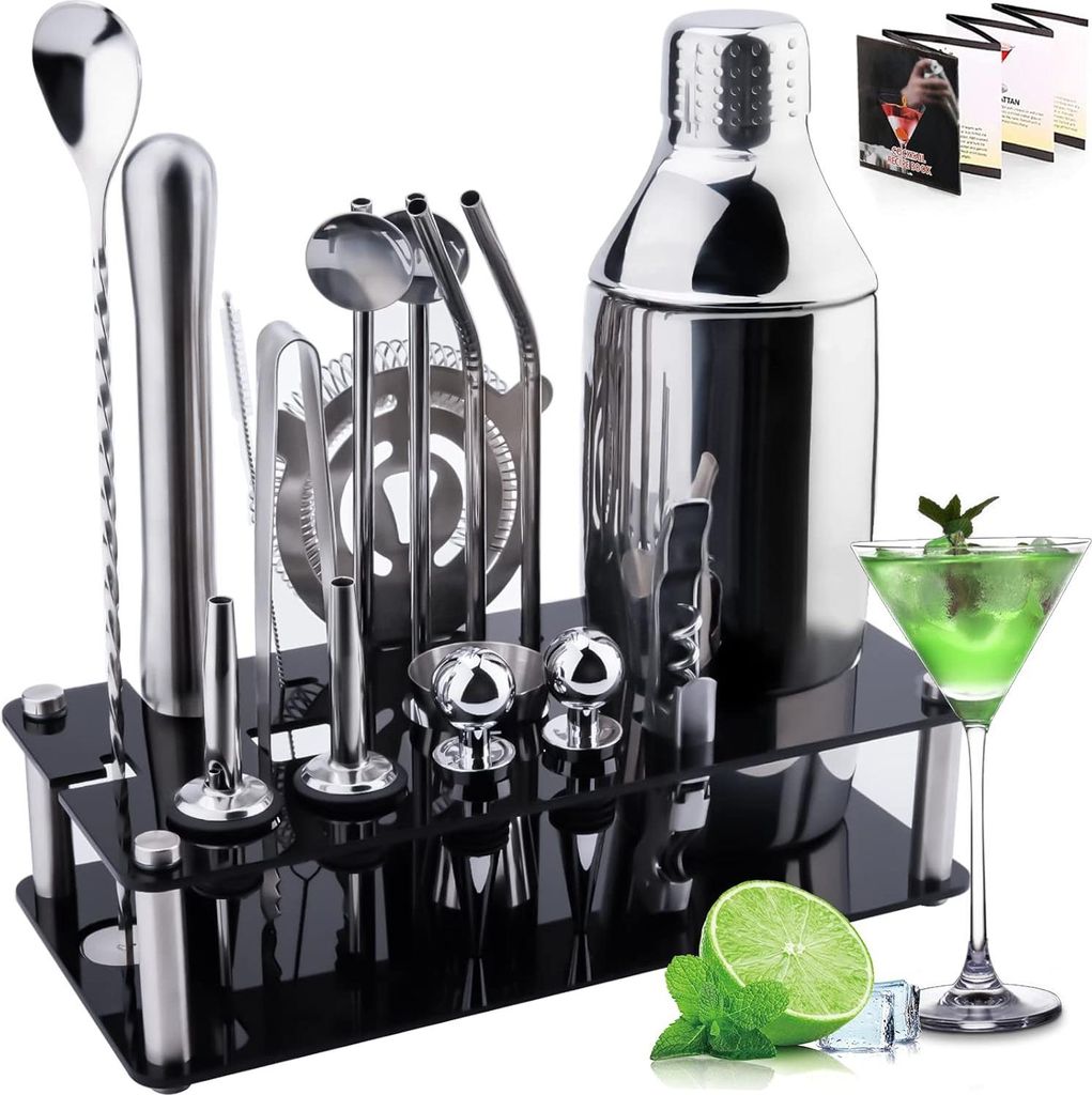 Cocktailset 18 Teile RVS - Mixset für Cocktails - Shaker Party Essential - Professionelle Baraccessoires - Tool Cocktailmixset mit Rezeptbuch