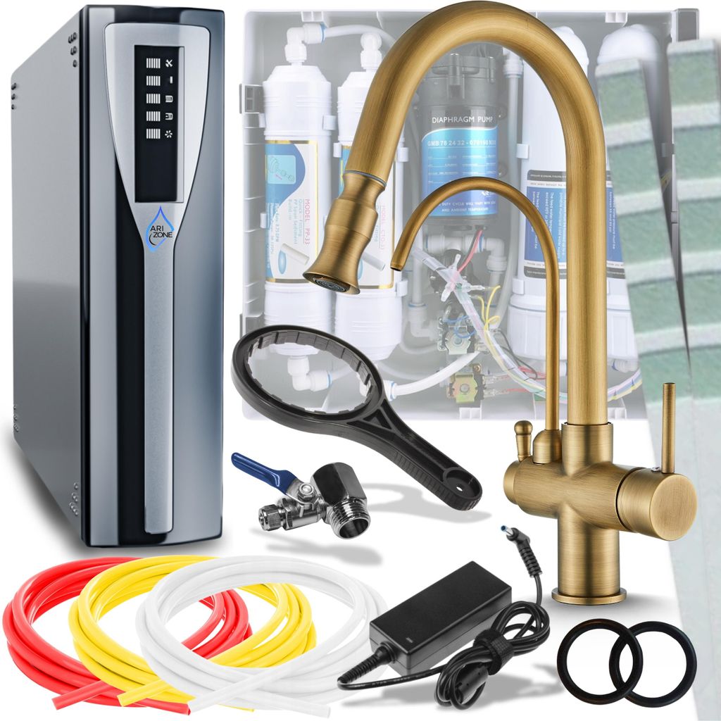 Wasserfiltersystem Set ARI PARMA mit 3-Wege Küchenarmatur, Sensor, Herausziehbare Brause, 360° schwenkbar, Gold