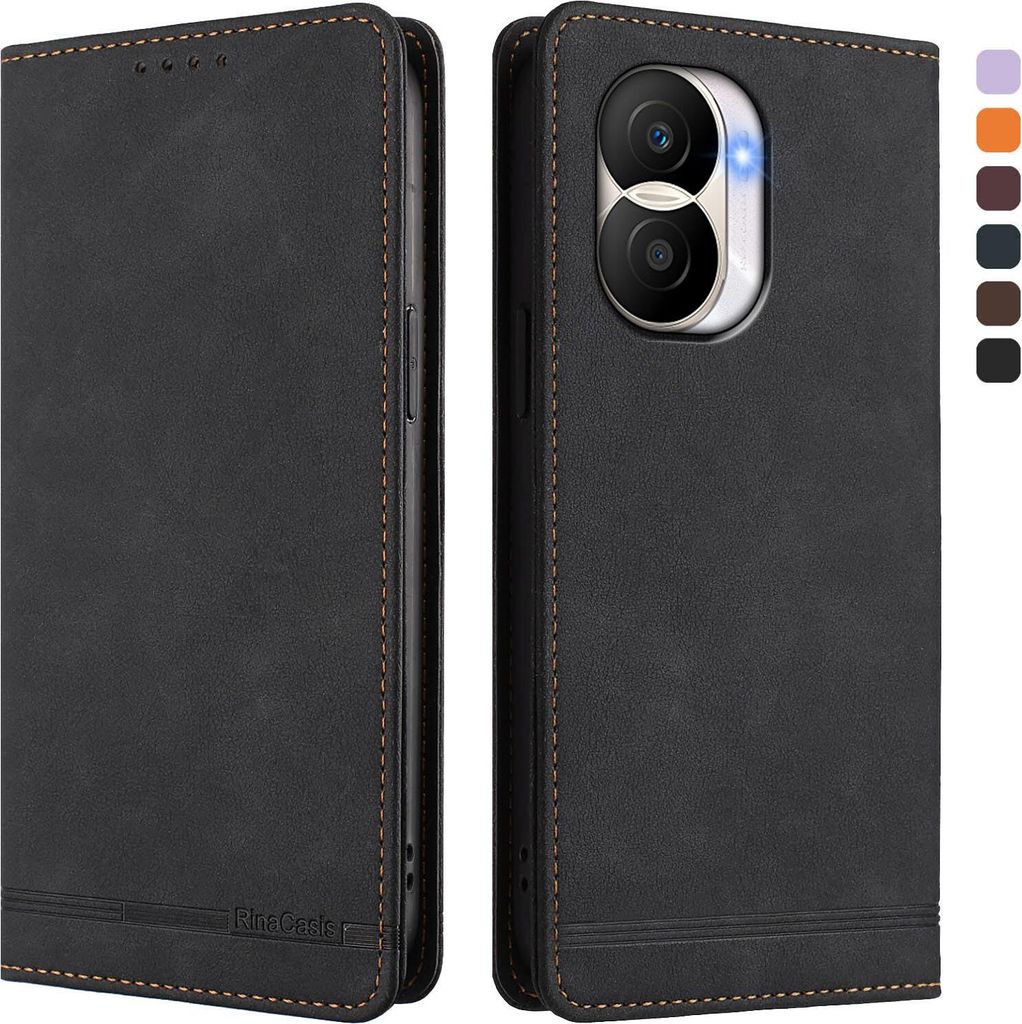 Hülle für Honor X40i, Retro Kunstleder Ständer Klapphülle mit Kartenfächer und Magnetische Schwarz