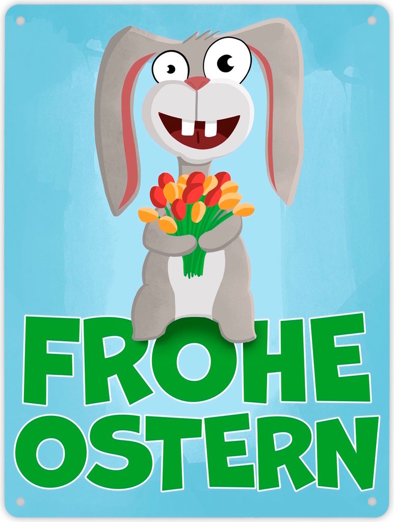 Frohe Ostern Metallschild XL in 21x28 cm mit lustigem Osterhasen