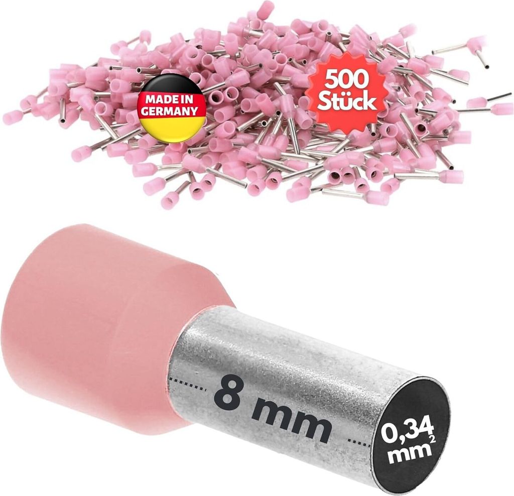 500 Stück Kalitec AE03408RS Aderendhülsen isoliert 0,34mm² 8mm lang rosa I Germany I Industriequalität