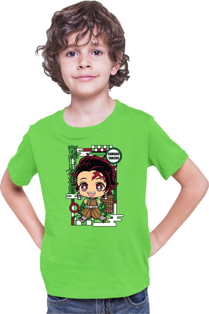 Kinder T-Shirt Demon Anime Slayer Kimetsu No Yaiba Chibi Tanjiro Kamado, 7-8 Jahr - 128 / Lime