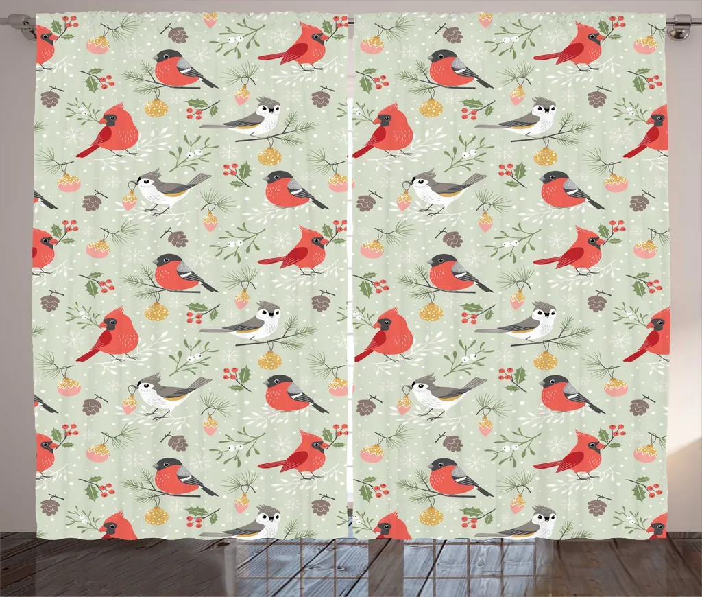 Décoration Fenêtre Noël : Grand Rideau Salon 280x225cm Oiseaux Hivernaux