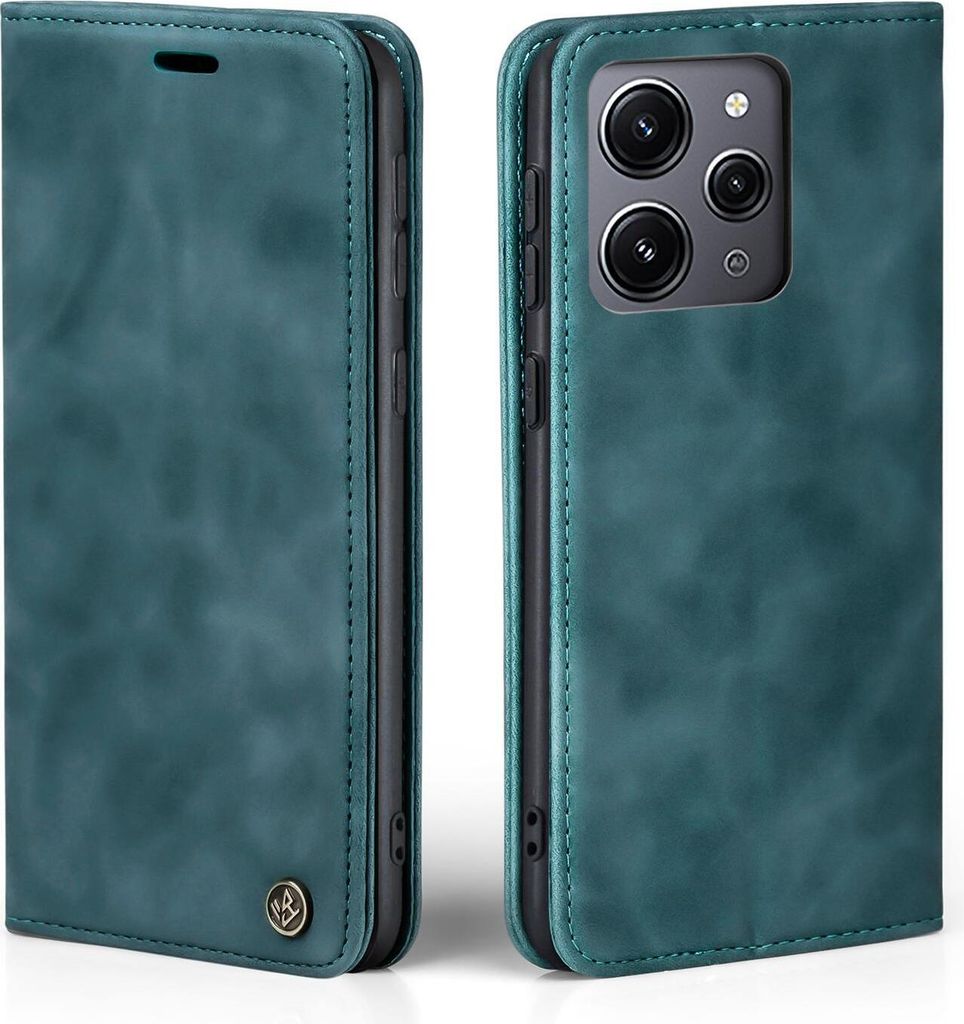 A teal flip-style phone case for a Xiaomi Redmi 12, shown from the front and back.