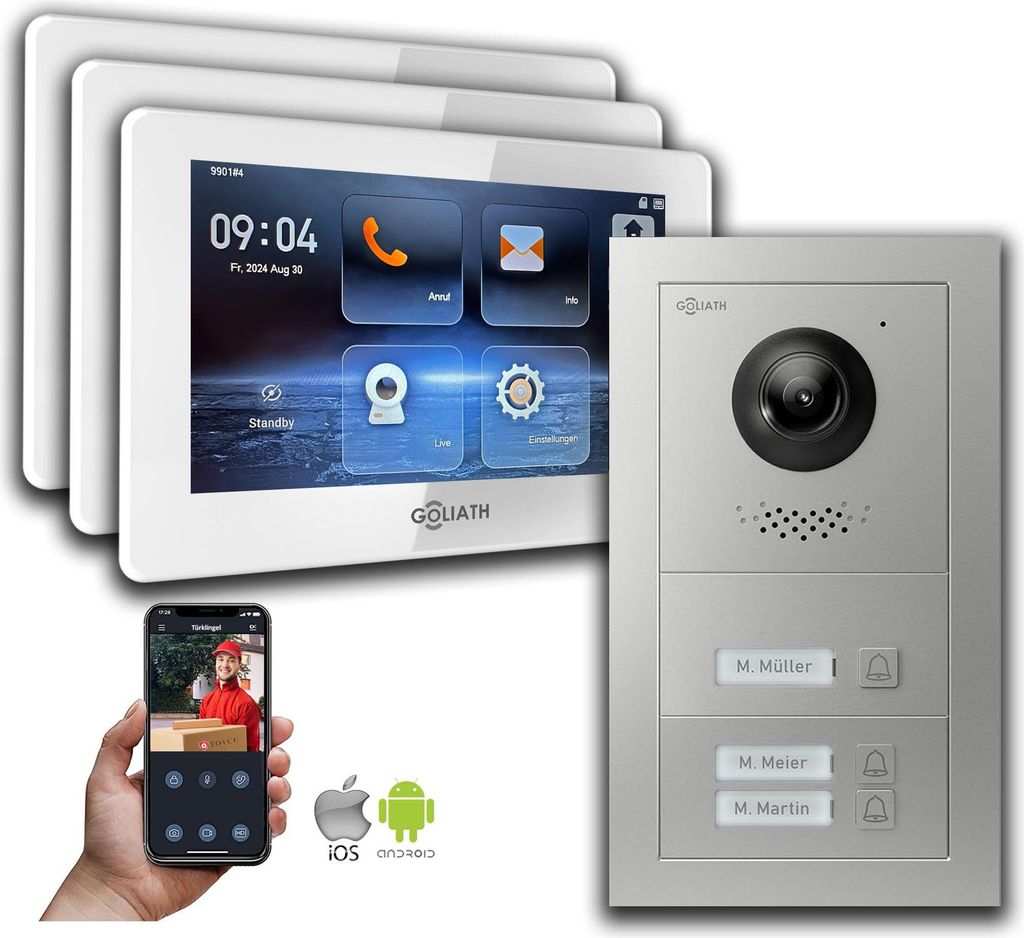 Goliath IP Video Türsprechanlage: 7-Zoll 3 Familienhaus, Smartphone App, Silber : 7 Zoll in Weiß : Unterputzdose : 4er POE Anschluss über:: 4er ...