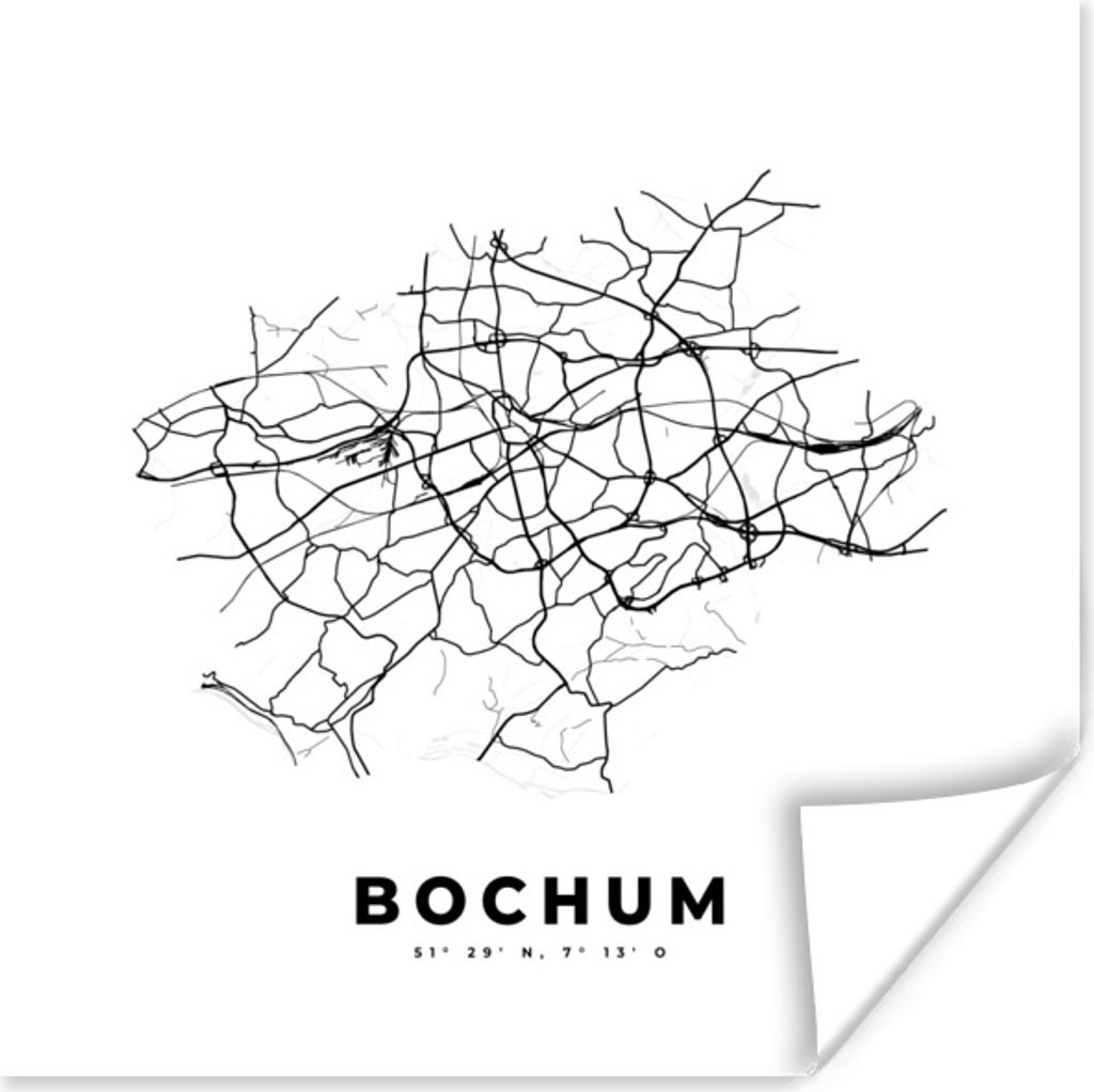MuchoWow Poster Deutschland - Bochum - Stadtplan - Karte - Schwarz-Weiß - Karte 75x75 cm - Wand Dekoration