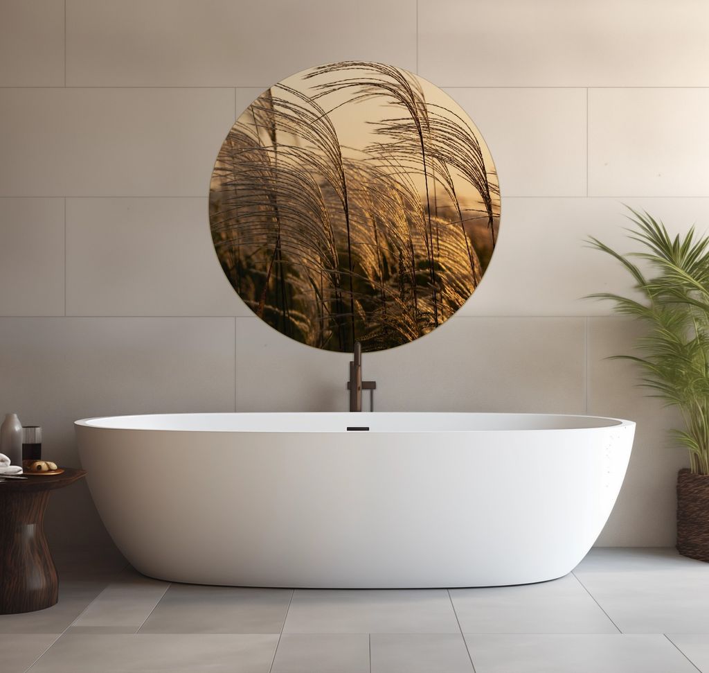 Wallario wasserfestes Poster selbstklebend 90 x 90 cm, Schilf im Wind, Badezimmerposter Spritzschutz mit Hochglanzoberfläche in Glasoptik