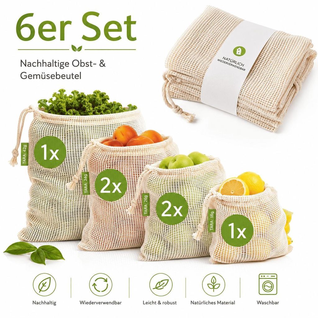 6er Set Gemüsebeutel Obstbeutel Obst & Gemüse Netz Mehrweg Produktbild 