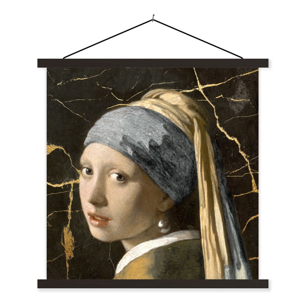 MuchoWow Textilposter Mädchen mit Perlenohrring - Gold - Schwarz 90x90 cm mit schwarzem Rahmen - Magnetisches
