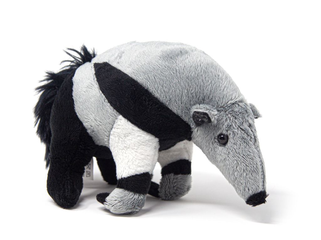 A plush toy anteater is shown against a white background.