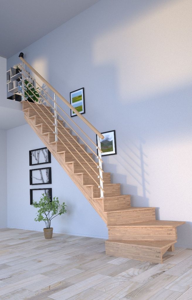 Holztreppe Lindos (Eiche) in 1/4 gewendelter Ausführung links-100 cm-Design Geländer Holzrundstäbe-mit Setzstufen