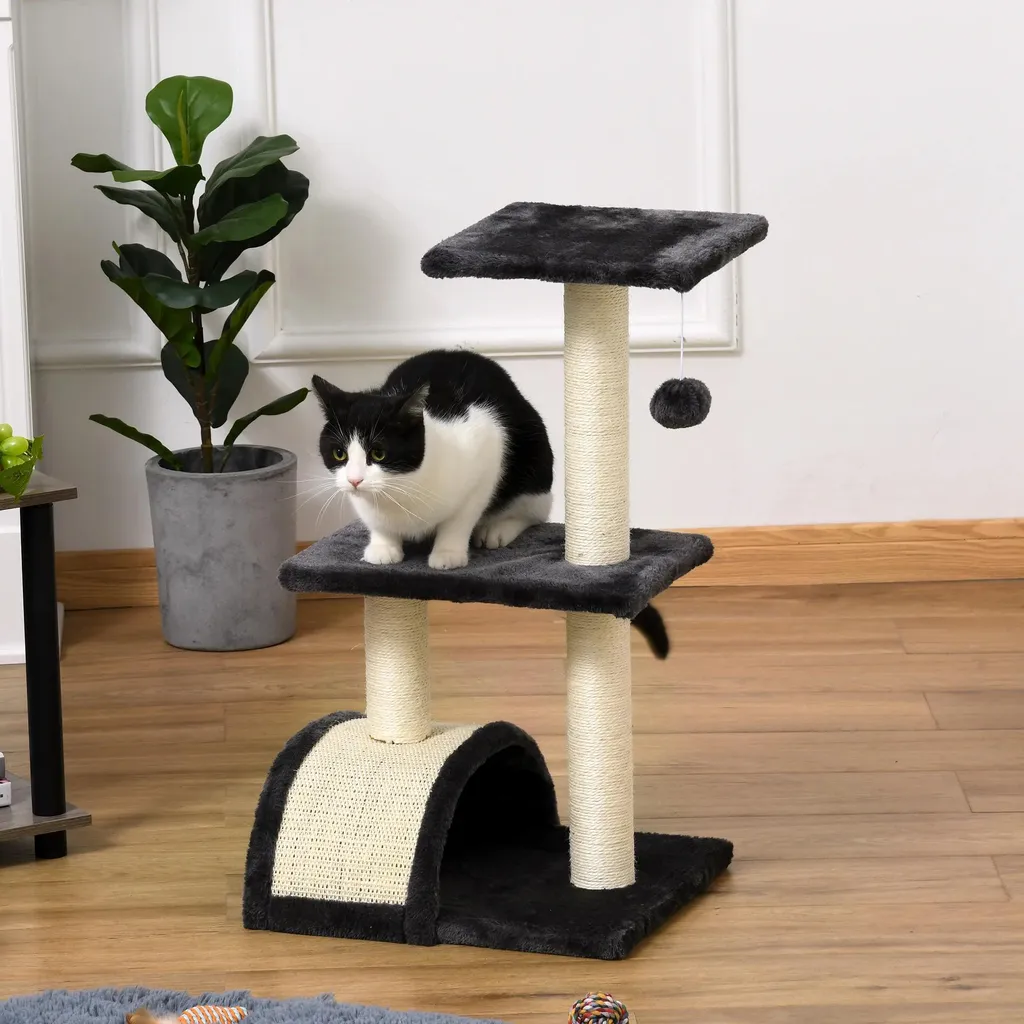 Tour à grimper pour chat sur 2 niveaux avec troncs à griffer gris
