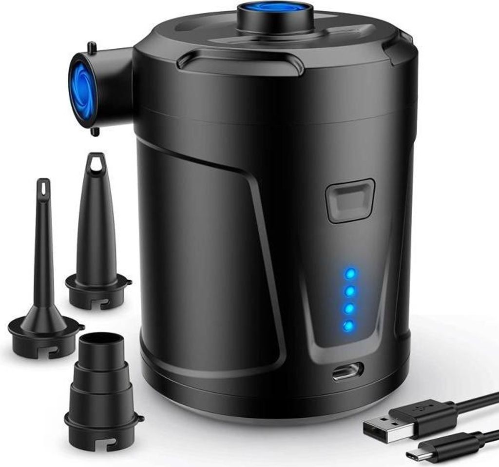 Elektrische Luftpumpe, 5200 mAh Akku, Luftmatratzenpumpe mit 3 Luftdüsen, Schnellaufblasfunktion (Schwarz)