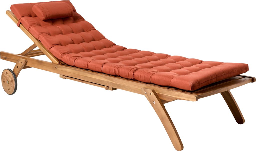 BELIANI Gartenliege Hellbraun Akazienholz Verstellbar Rollbar mit Tisch Auflage Rot Gesteppt Terrasse Garten Balkon Modernes Design