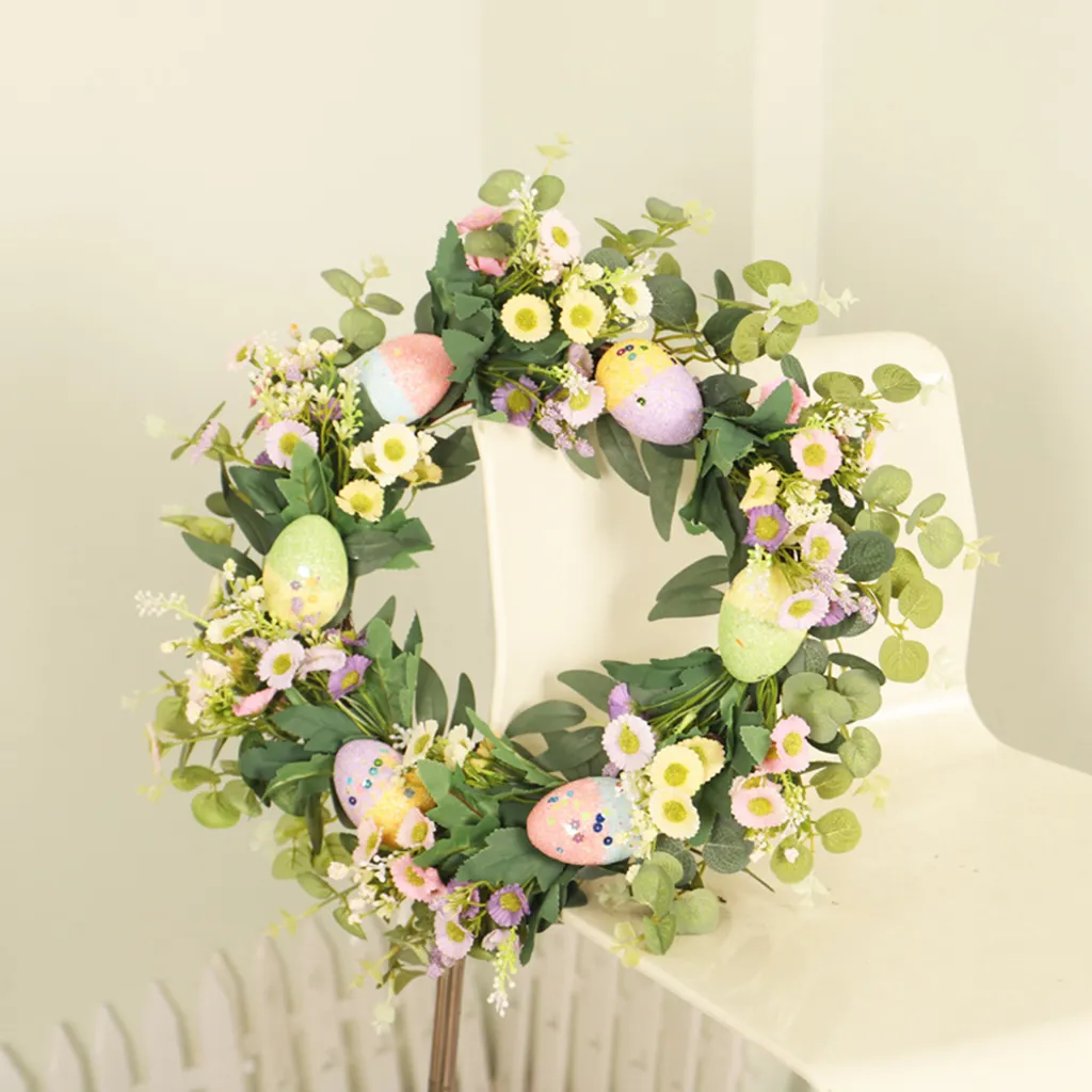Couronne de Pâques Durable - Œufs Colorés et Plantes de Simulation - 5