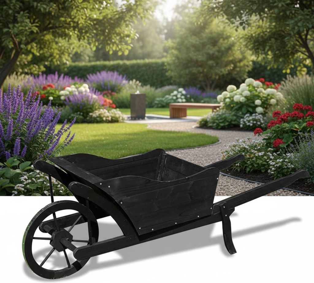 Garten Pflanzschubkarre Schubkarre aus Holz Blumenkarre Blumenkübel schwarz