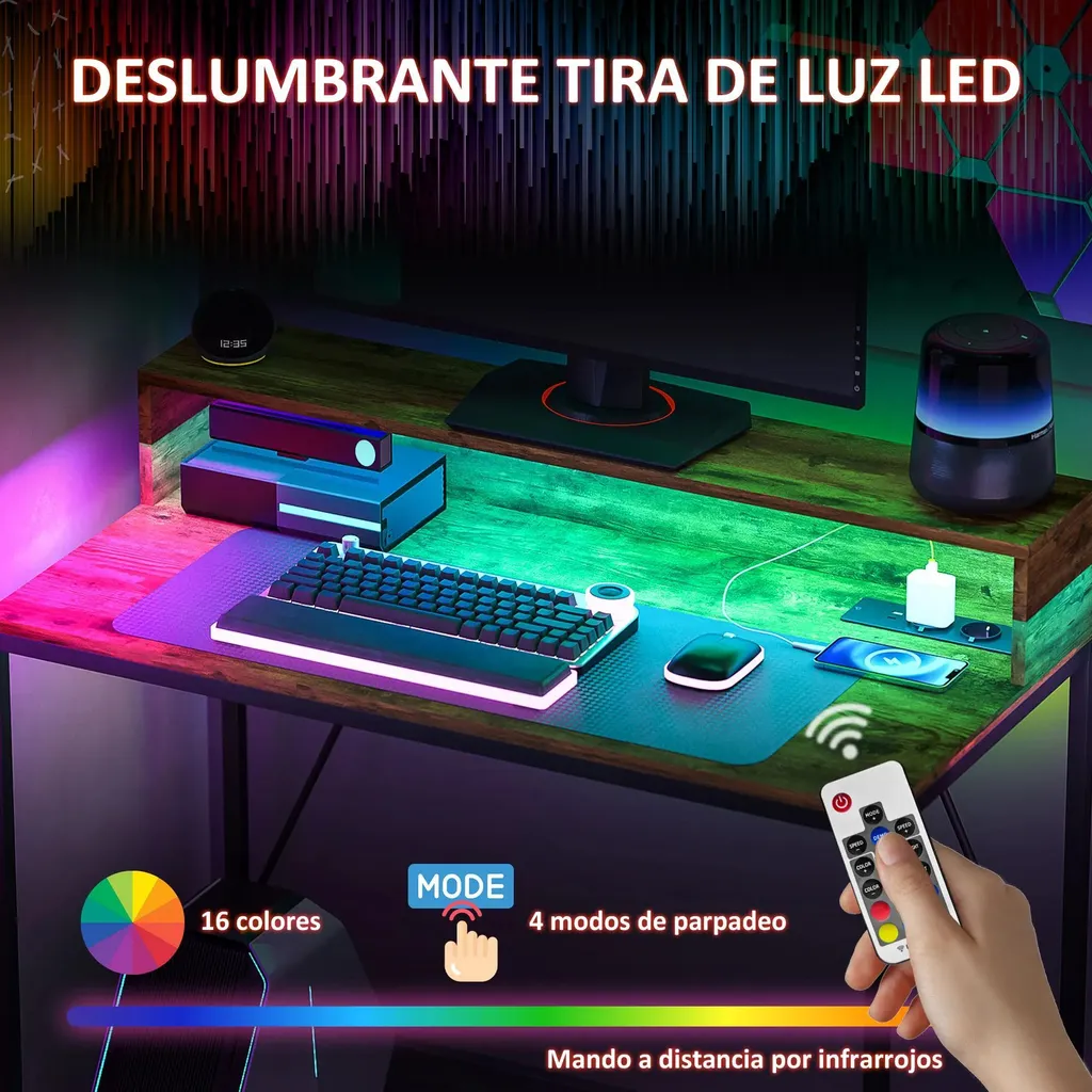 Bureau Informatique pour Petit Espace - Style Rustique avec LED 100cm - 4