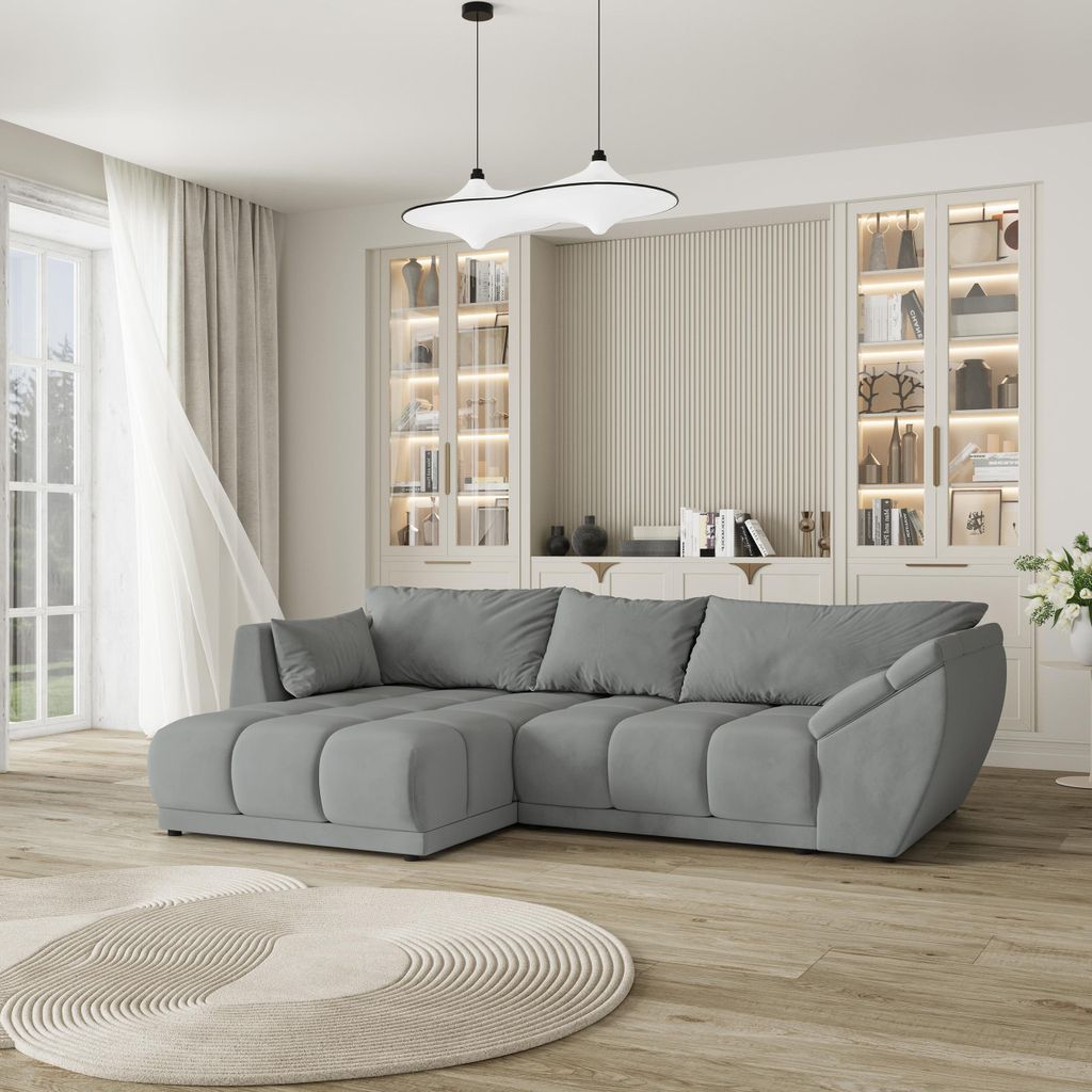Masseno Ecksofa ORENTI L-S mit Schlaffunktion L-Form, Sofa mit Bettkasten, Wohnzimmersofa, Couch, Soffa, Bettsofa, Couchgarnitur- Grau, MATT VELVET 85