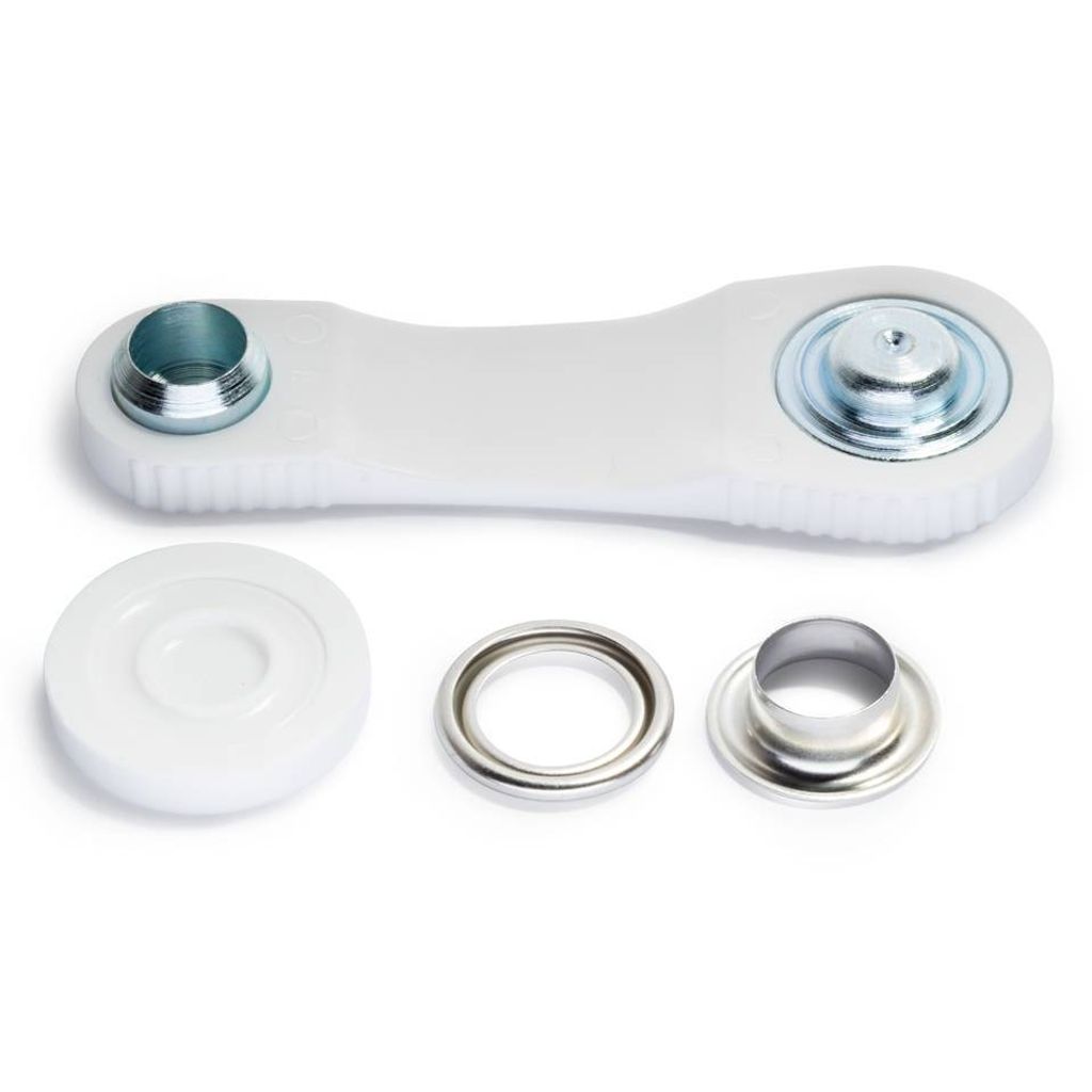 A set of eyelets and rings for tarpaulins or biminis, laid out on a white background.