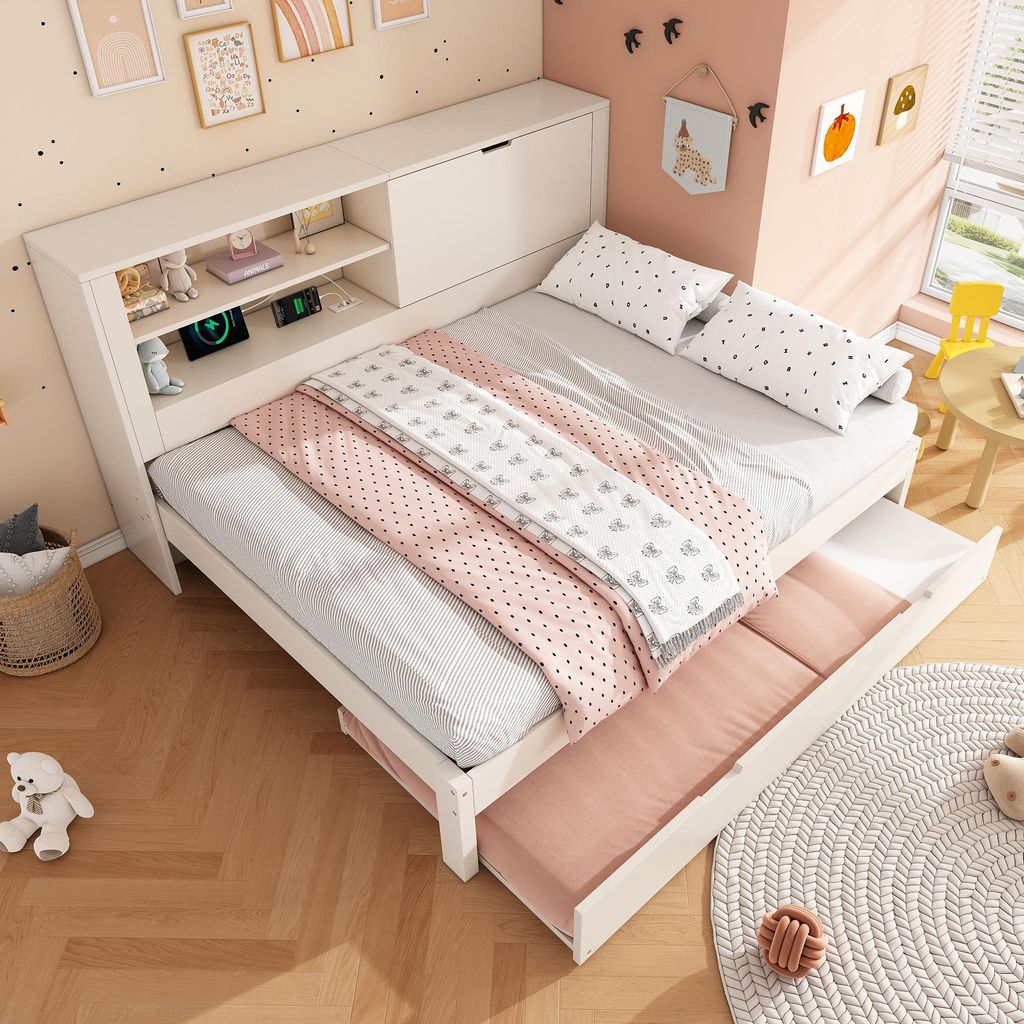 MODFU Schlafsofa 140×190 Einzelbett mit offenem Staufach,Kinderbett mit USB/USB‐C Ladestation,Bettgestell mit Ausziehbett und Stauraum‐Rückwa...