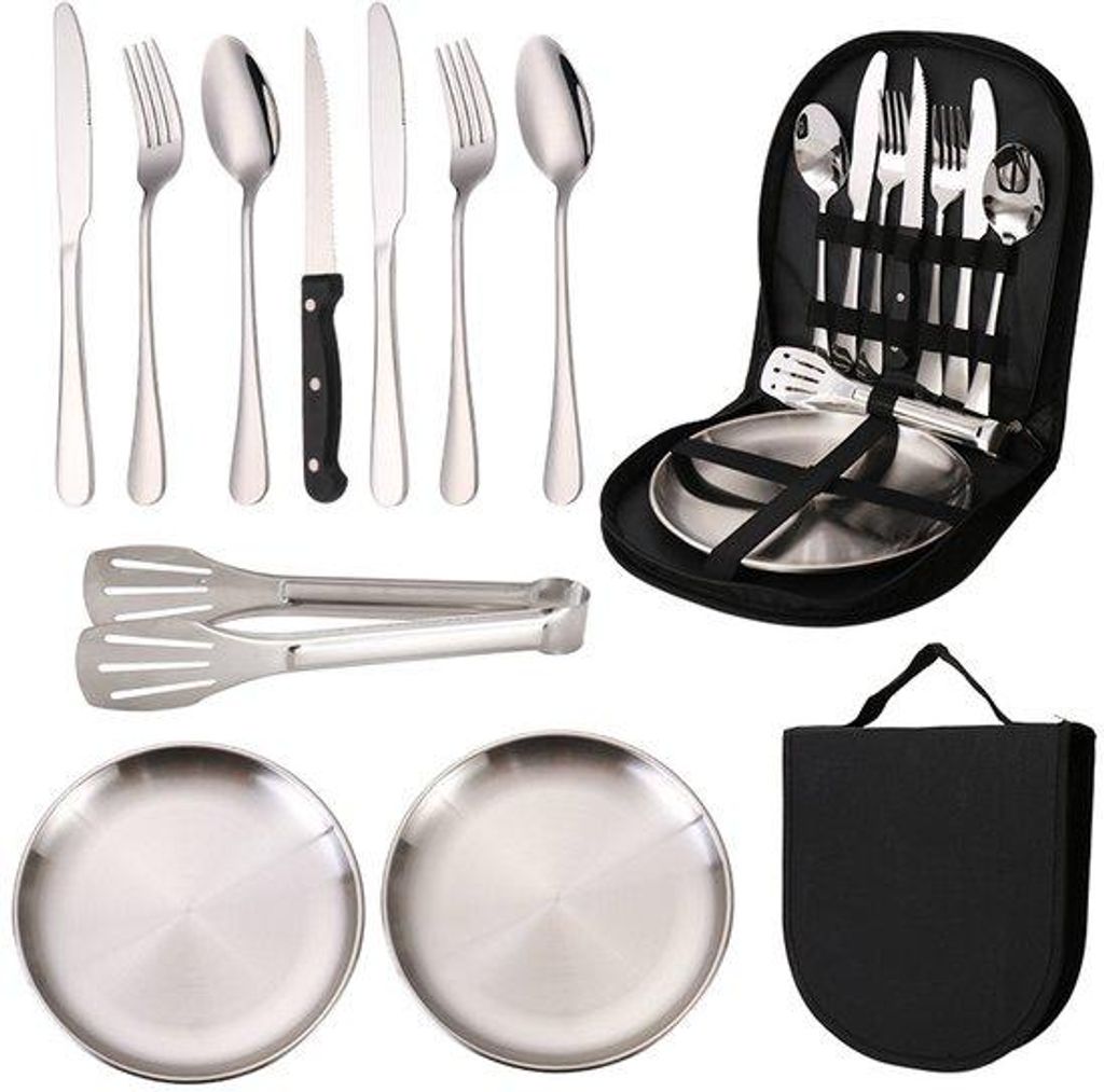 Portable Camping-Set - Reise-Grill-Set - Aus Stahl Mit Löffel - Gabel - Messer - Platte - Clip Für Outdoor - Wandern - 2 Personen (10 Stück)